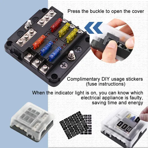 Miniatura 4 de deemars Caja de fusibles de 12 V de 6 vías, caja de bloques de fusibles de hoja LED de 6 circuitos, panel de fusibles ATC/ATO con indicador LED
