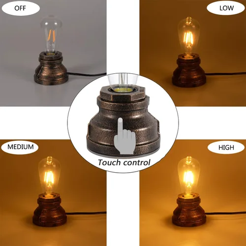 Miniatura 3 de Lámpara de mesa vintage con control táctil, bombilla LED regulable Edison de 4 W incluida, con 3 niveles de brillo, luz nocturna industrial