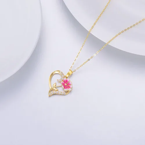 Miniatura 17 de Collar de flor de nacimiento de oro real de 14 quilates para mujer, oro amarillo creado moissanita con colgante de corazón, collares