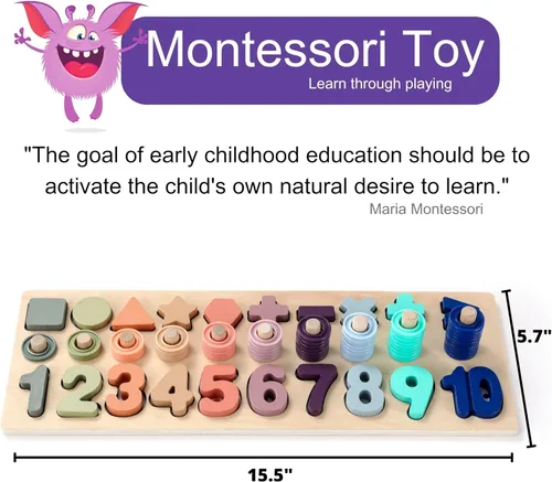 Miniatura 7 de BEKILOLE Juguetes de madera Montessori para niños pequeños: rompecabezas de números, clasificador de formas, juego de apilamiento para contar, Arcoír