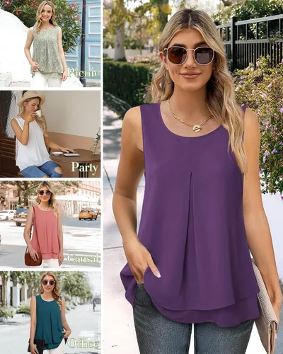 Miniatura 4 de Gaharu Blusa casual sin mangas para mujer, de doble capa, estilo casual, con vuelo