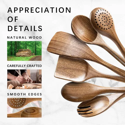 Miniatura 4 de cucharas de madera para cocinar, juego de utensilios de cocina antiadherentes con 6 piezas de espátulas y cucharas de madera de acacia para cocinar