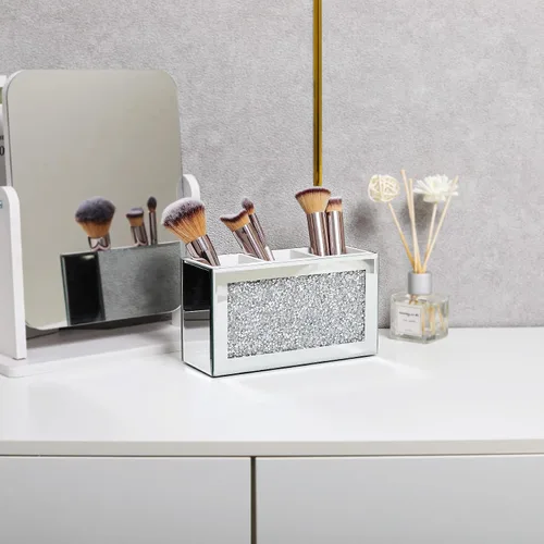 Miniatura 2 de Organizador de brochas de maquillaje plateado, brillante con 3 ranuras de cristal de diamante triturado con espejo de cepillos cosméticos