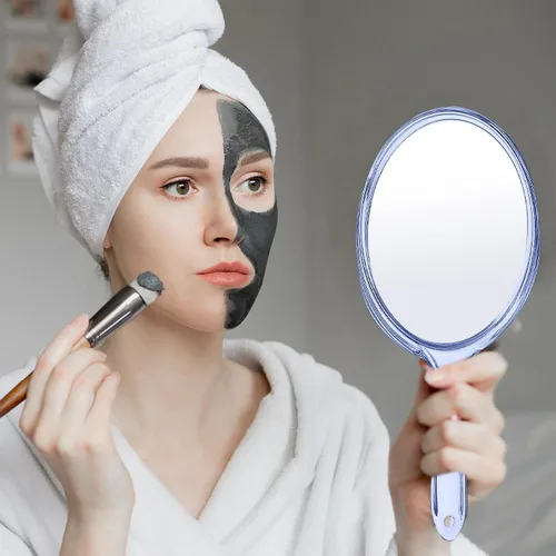 Miniatura 5 de D Espejo de mano con mango, espejo de mano pequeño con aumento 1X 2X de doble cara con mango Espejo de maquillaje, espejo de mano acrílico