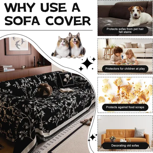 Miniatura 5 de HANDONTIME Funda para sofá para perros lavable con estampado floral de pájaros para sofás y sillones, funda de sofá negra con flores de jacquard