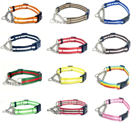 Miniatura 6 de Collar Martingale para perros, collares de nailon ajustables con hebilla de liberación rápida, rayas multicolores, cadena de acero inoxidable