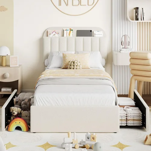 Miniatura 4 de IDEALHOUSE Base de cama individual para niños, cama plataforma tapizada con botones para niños/niñas con 2 cajones flexibles, cabecero tipo