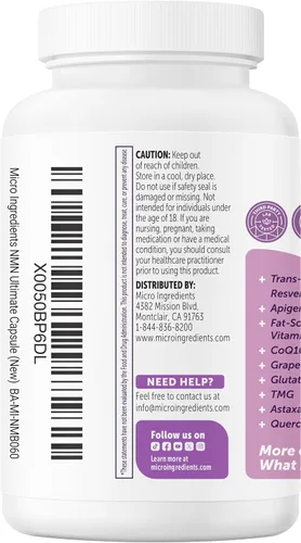 Miniatura 10 de Complejo NMN 1,000 mg por porción, 60 cápsulas vegetales 10 en 1 con mononucleótido de nicotinamida, vitamina C, resveratrol, CoQ10, TMG
