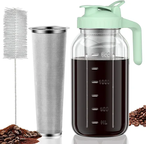 Miniatura 10 de JunVpic Tarro para cafetera fría – Tapa multiusos de vidrio grueso de 64 onzas con asa y filtro de acero inoxidable para café helado, limonada, té