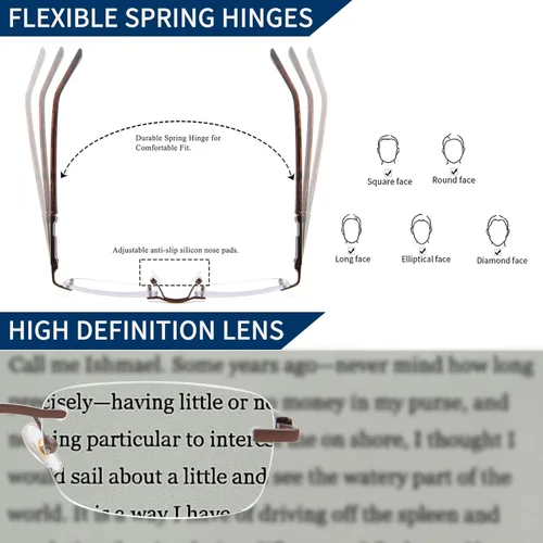 Miniatura 4 de Gafas de lectura sin montura para hombre, con bloqueo de luz azul, lentes de metal para hombre, antideslumbramiento