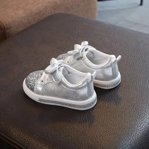 Miniatura 3 de Crystal Sport - Tenis deportivos con lentejuelas para niños y niñas, con lazo, brillantes zapatos para bebés y niñas (plateado-B, 18-24 meses)