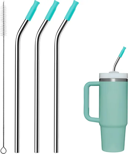 Miniatura 97 de Pajitas de metal rectas para vaso Stanley de 40 onzas, paquete de 3 popotes reutilizables de acero inoxidable con puntas de silicona y cepillo Gris