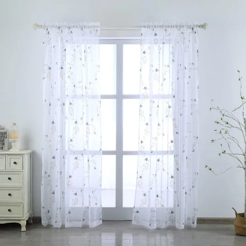 Miniatura 2 de Taisier Home Cortinas Traslúcidas Blancas Florales con Estampado de Flores y Bordado de Enredaderas para Dormitorio, Cortina con Bolsillo