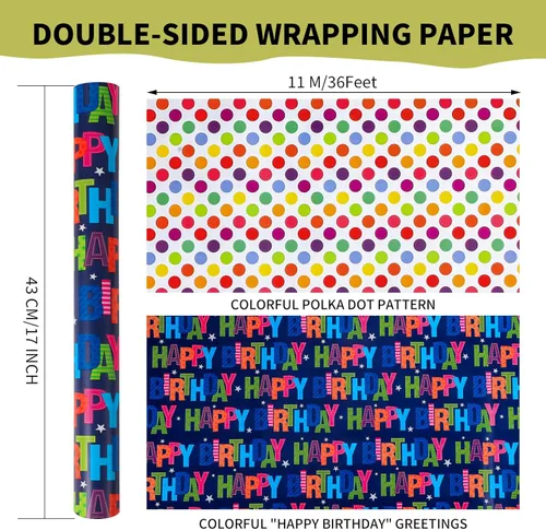 Miniatura 2 de woric Papel de regalo reversible de cumpleaños para niños y niñas, 17 pulgadas x 36 pies, papel de regalo con letras de feliz cumpleaños para azul