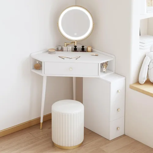 Miniatura 9 de Escritorio esquinero para dormitorio, juego de tocador blanco, con espejo de brillo ajustable, con 1 cajón y armario lateral, con estantes