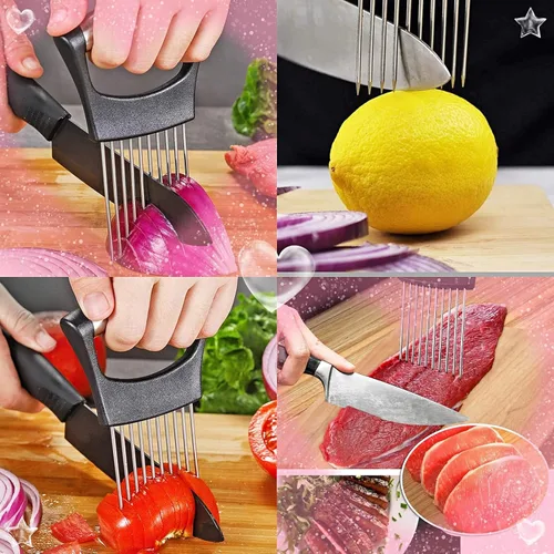 Miniatura 7 de Cooswai Soporte de cebolla inoxidable para rebanar, asistente de cocina, verduras - Herramienta de rebanadas de picadora mejorada, asistente