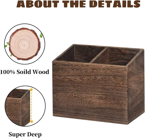 Miniatura 8 de Organizador de utensilios de cocina de madera con 2 compartimentos, soporte rústico para encimera de cocina, caja organizadora de utensilios