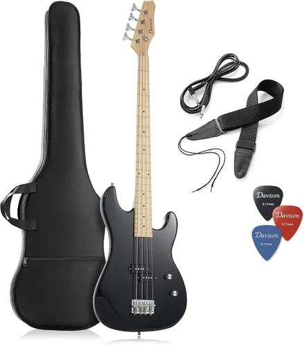 Davison Guitars Guitars - Bajo eléctrico de 4 cuerdas, color negro, kit de principiante para diestros de tamaño completo con bolsa de concierto y