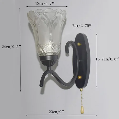 Miniatura 5 de Lámpara de pared con interruptor de cadena de tracción E27, lámpara de noche para dormitorio, sala de estar, pantalla de vidrio de metal, moderna