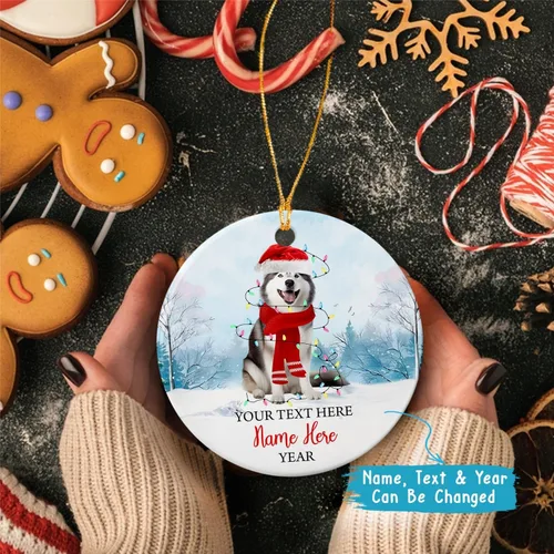 Miniatura 2 de Adorno de cerámica de Alaska Malamute de Feliz Navidad, decoración personalizada de Papá Noel, perro de Alaska Malamute nombre de perro, decoración