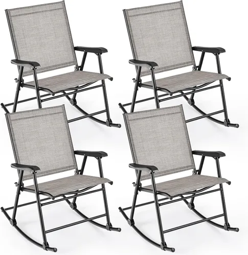 Miniatura 10 de Tangkula Juego de 2 mecedoras plegables para patio con tela de asiento transpirable y marco de metal resistente, movimiento mecedor suave, balancín