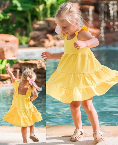 Miniatura 7 de Vieille Vestido de verano para niñas pequeñas, con volantes, sin mangas, casual, vestido de playa, escalonado, vestido de princesa para 2-8 años