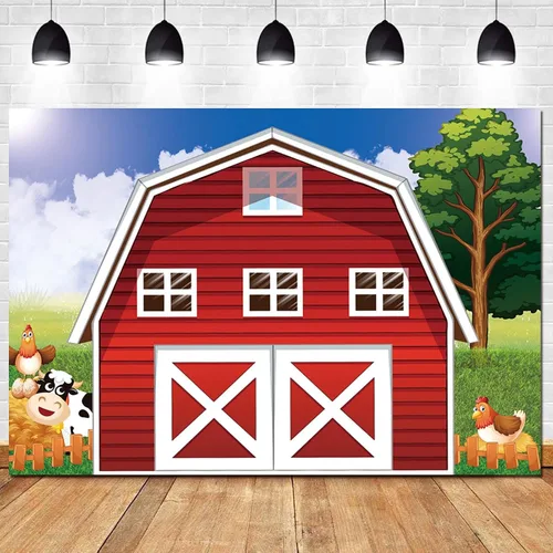 Fondo de fotografía de granja de animales de dibujos animados de 7 x 5 pies, fondo de fotos de granja rústico rojo para baby shower, recién nacidos,