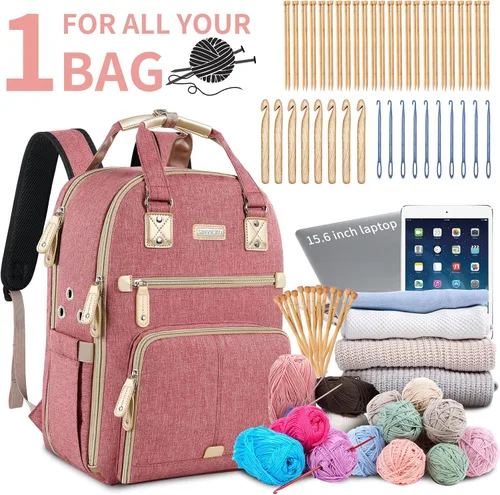 Miniatura 2 de SINVICKO Bolsa de ganchillo, mochila de tejido y organizador de bolsas con puerto de carga USB, bolsa grande de almacenamiento de hilo Rosa