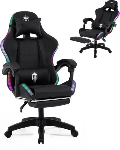 Miniatura 9 de Silla de juegos RGB con reposapiés, silla de juegos de computadora con luces LED para adultos, silla reclinable con reposacabezas ajustable, soporte
