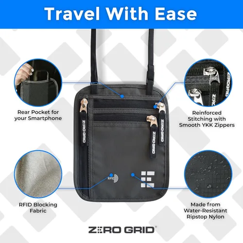 Miniatura 55 de Cartera para el cuello para viajes y pasaporte con bloqueo RFID, delgada y fácil de ocultar, bolsa de viaje de nailon para hombres y mujeres