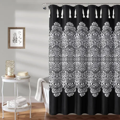Lush Decor Cortina de ducha con medallón bohemio, de 72 pulgadas de ancho x 72 pulgadas de largo, color negro, cortinas de ducha bohemias para