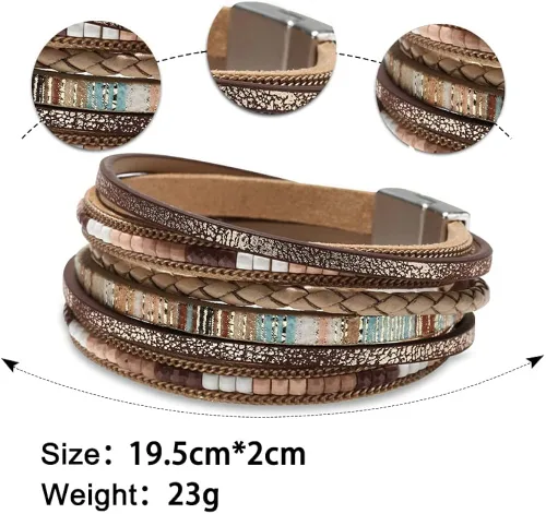 Miniatura 5 de Fesciory - Pulseras envolventes de cuero para mujer, brazalete de cuentas de cristal de leopardo, bohemia, multicapa