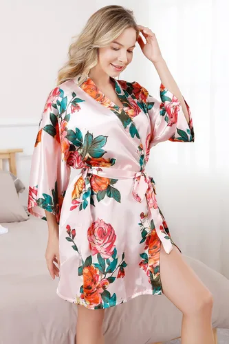 Miniatura 3 de ALHAVONE Bata kimono corta de satén sedoso con flores de rosas para mujer para prepararse