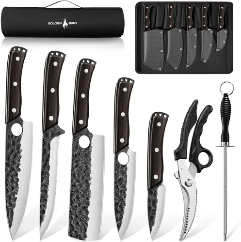 Juego de cuchillos de chef japonés Golden Bird con bolsa enrollable, juego de cuchillos de carnicero forjado a mano para corte de carne, cuchillos