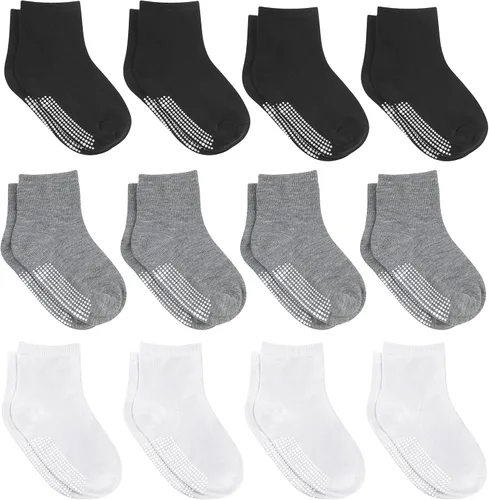 Debra Weitzner Toddler Socks With Grips - 12 Pairs Crew Cotton Grip Socks for Baby Boys Girls Infant's and Kids 6-M - 7 years