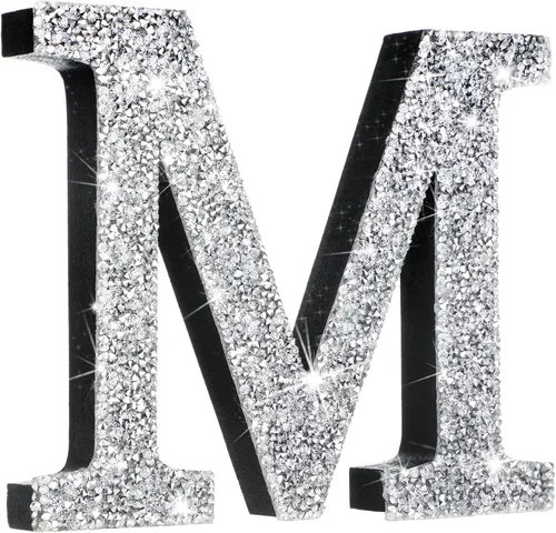 Miniatura 52 de Qunclay Letras brillantes de cristal plateado de 5.7 pulgadas, decoración de diamantes triturados, letra de madera con purpurina con tornillo