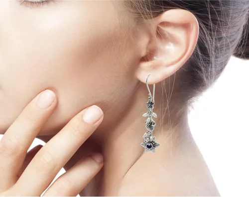 Miniatura 2 de NOVICA Aretes hechos a mano con perlas de agua dulce cultivadas con flor de amatista indonesia, plata de ley 925, colgante de piedra natal floral