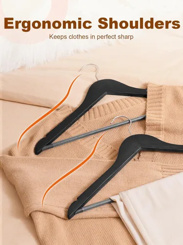 Miniatura 6 de HOUSE DAY - Paquete de 10 perchas de madera negra, percha de madera maciza con barra antideslizante para pantalones, percha de abrigo de madera Negro
