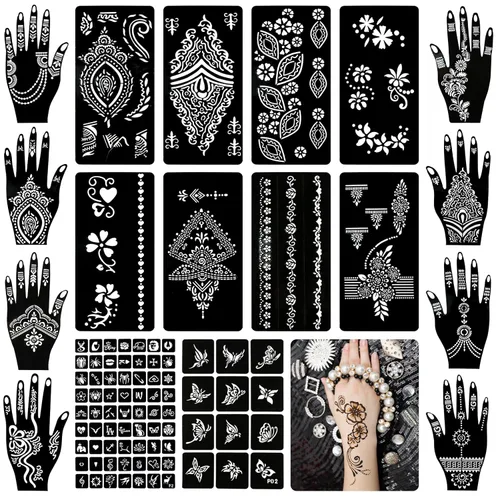 Miniatura 8 de Koogel Kit de plantillas de tatuaje de henna de 18 hojas, 97 plantillas de tatuaje con brillantina temporal para pintura facial y arte corporal