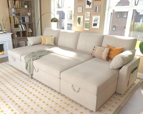 Miniatura 11 de VanAcc - Sofá cama con sofá cama extraíble de 2 en 1 con sofá cama extraíble con chaise de almacenamiento para sala de estar, cómodo sofá cama, Beige