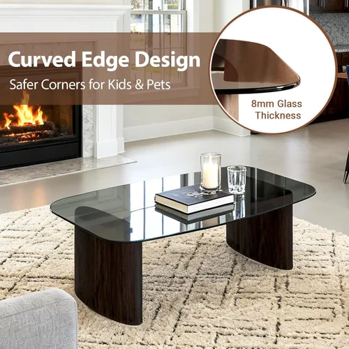 Miniatura 2 de Mesa de centro moderna de cristal, mesa de centro para sala de estar, tapa de vidrio templado con base de madera resistente, mesas de centro Nogal