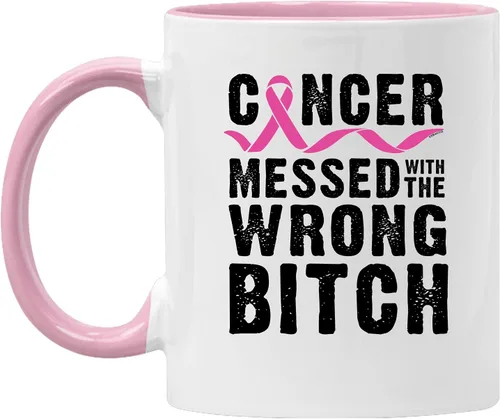 Miniatura 8 de Veracco Cáncer Messed With The Wrong B Taza de café de cerámica Regalo de concientización sobre el cáncer de mama (blanco)