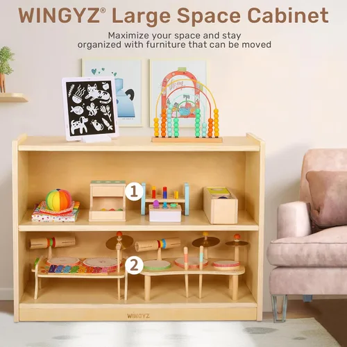 Miniatura 3 de WINGYZ Gabinete de almacenamiento de madera, organizador de almacenamiento de juguetes para niños de 2 niveles, espaciosa estantería Montessori