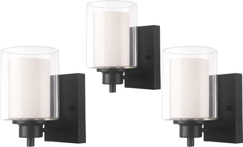 Miniatura 8 de Paquete de 2 Luminarias de Tocador de Baño de 1 Luz, Luz de Pared Negra para Interiores con Pantalla de Vidrio Dual, Aplique de Pared de Baño