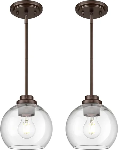 Miniatura 11 de Luces Colgantes de Latón para Isla de Cocina Paquete de 2, Luz Colgante Dorada Estilo Granja con Pantalla de Globo de Vidrio Transparente