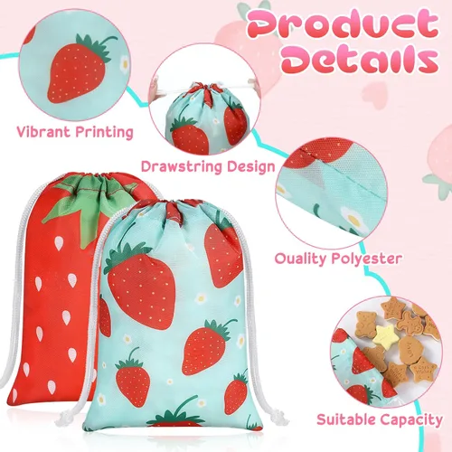 Miniatura 3 de Kajaia 24 bolsas de regalo con cordón de fresa a granel de 7.1 x 5.1 pulgadas, pequeñas bolsas de poliéster para dulces, bolsas de regalo de fresa
