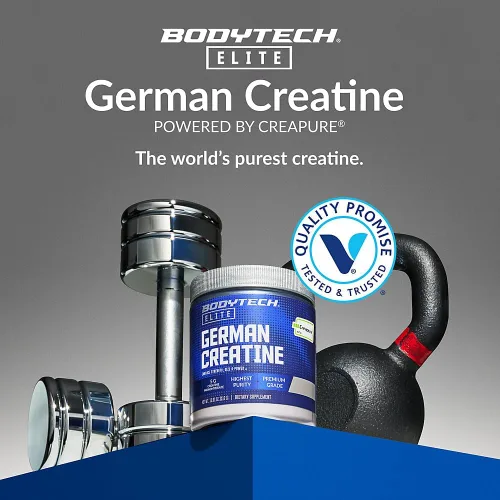 Miniatura 7 de BodyTech Elite Creatina alemana con Creapure®, monohidrato de creatina en polvo para fuerza, tamaño y potencia, 0.18 oz por porción, sin sabor, sin