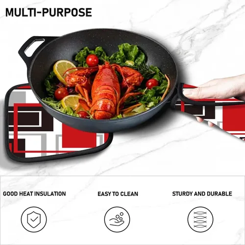 Miniatura 5 de MCALK Juego de 5 manoplas geométricas rojas para horno y soportes para ollas, guantes de horno negros y almohadillas calientes para cocina