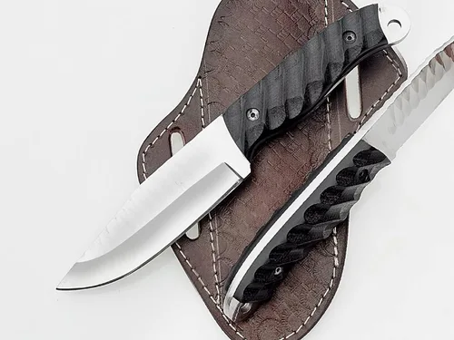 Miniatura 2 de Cuchillo de caza hecho a mano de acero de alto carbono con mango de micarta negro y funda de cuero - Herramienta de campamento y supervivencia