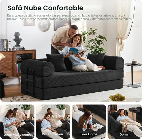 Miniatura 8 de Sofá cama convertible 5 en 1 sin montaje, marco de acero fijo de 79 pulgadas con espuma de alta resistencia, sofá modular de pana plegable para Negro